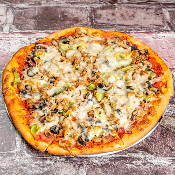 Marri's Pizza & Pasta's supreme pizza with pepperoni, sausage, olives, and green peppers.