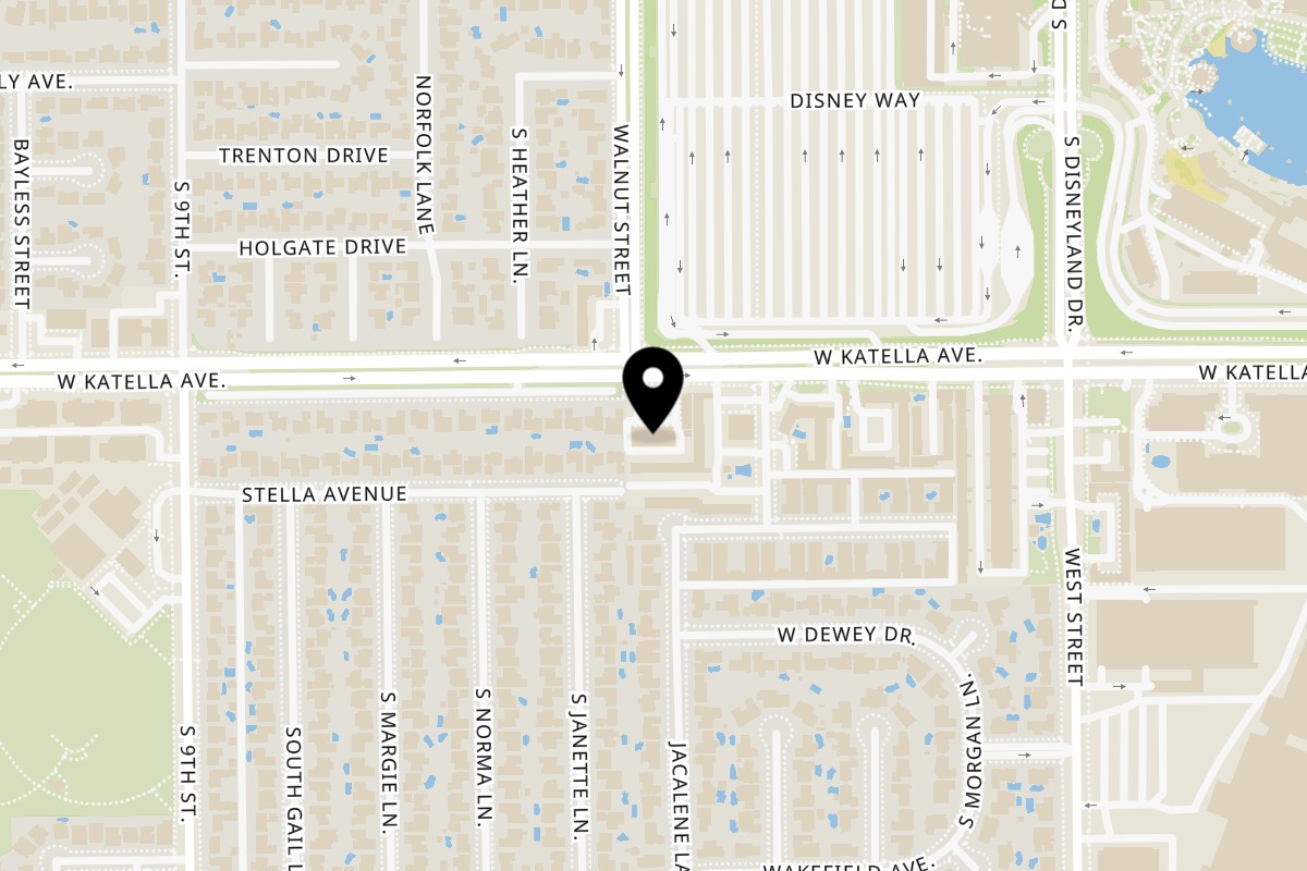 Map showing the location of Marri's Pizza & Pasta on 1194 W Katella Ave in Anaheim